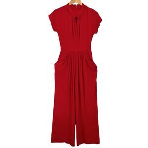 Vintage Norma Kamali x Bloomingdales 1980s Red Crepe Keyhole Pleated Jumpsuit